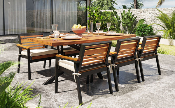 English Elm Modern Acacia Wood 7 Piece Dining Set Iron Frame Removable Cushions Patio Ready Beige N704G201259A