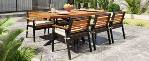 English Elm Modern Acacia Wood 7 Piece Dining Set Iron Frame Removable Cushions Patio Ready Beige N704G201259A