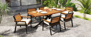 English Elm Modern Acacia Wood 7 Piece Dining Set Iron Frame Removable Cushions Patio Ready Beige N704G201259A