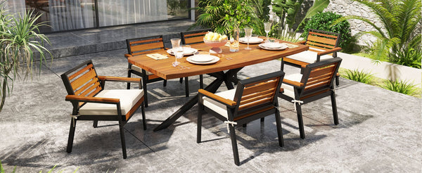 English Elm Modern Acacia Wood 7 Piece Dining Set Iron Frame Removable Cushions Patio Ready Beige N704G201259A