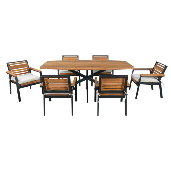 English Elm Modern Acacia Wood 7 Piece Dining Set Iron Frame Removable Cushions Patio Ready Beige N704G201259A