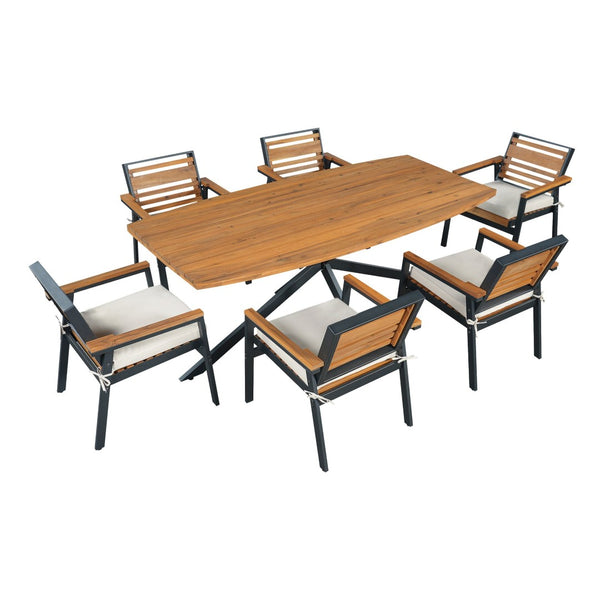English Elm Modern Acacia Wood 7 Piece Dining Set Iron Frame Removable Cushions Patio Ready Beige N704G201259A