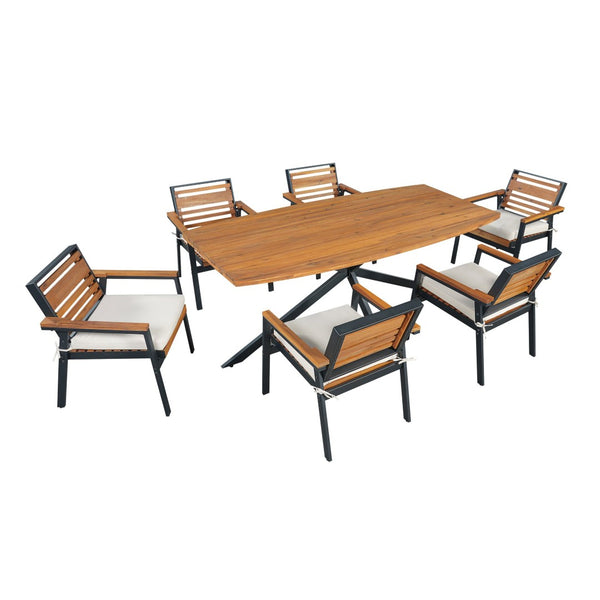 English Elm Modern Acacia Wood 7 Piece Dining Set Iron Frame Removable Cushions Patio Ready Beige N704G201259A