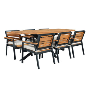 English Elm Modern Acacia Wood 7 Piece Dining Set Iron Frame Removable Cushions Patio Ready Beige N704G201259A