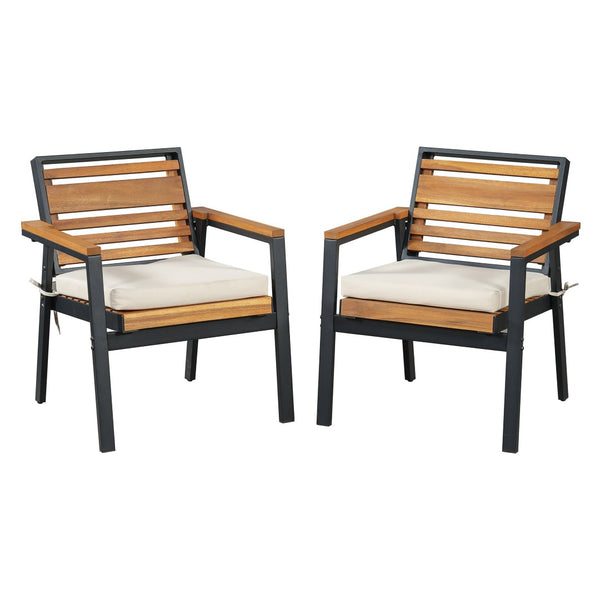 English Elm Modern Acacia Wood 7 Piece Dining Set Iron Frame Removable Cushions Patio Ready Beige N704G201259A