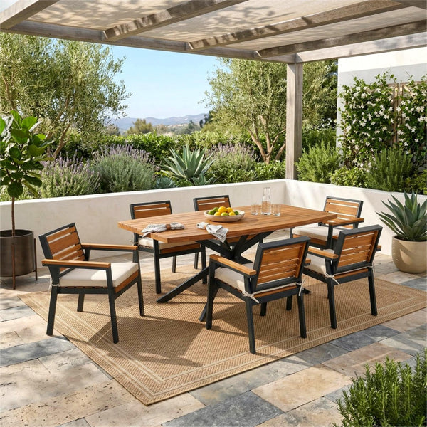 English Elm Modern Acacia Wood 7 Piece Dining Set Iron Frame Removable Cushions Patio Ready Beige N704G201259A