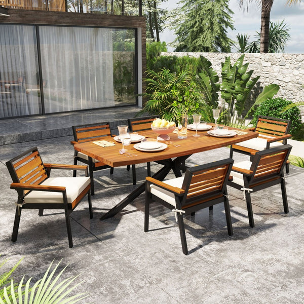 English Elm Modern Acacia Wood 7 Piece Dining Set Iron Frame Removable Cushions Patio Ready Beige N704G201259A