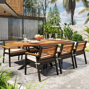 English Elm Modern Acacia Wood 7 Piece Dining Set Iron Frame Removable Cushions Patio Ready Beige N704G201259A