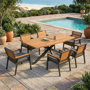 English Elm Modern Acacia Wood 7 Piece Dining Set Iron Frame Removable Cushions Patio Ready Gray N704G201259E