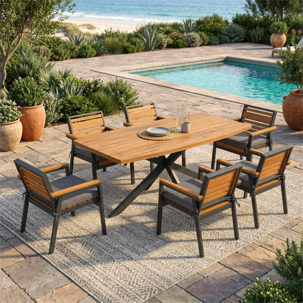 English Elm Modern Acacia Wood 7 Piece Dining Set Iron Frame Removable Cushions Patio Ready Gray N704G201259E