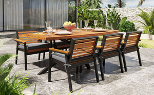 English Elm Modern Acacia Wood 7 Piece Dining Set Iron Frame Removable Cushions Patio Ready Gray N704G201259E