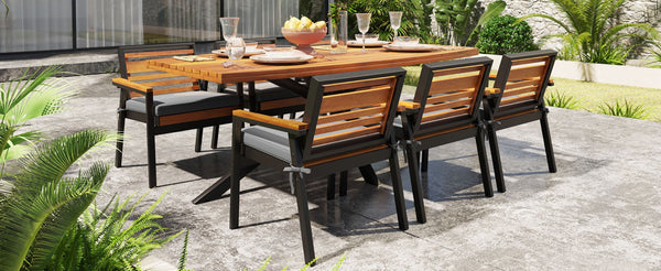 English Elm Modern Acacia Wood 7 Piece Dining Set Iron Frame Removable Cushions Patio Ready Gray N704G201259E