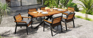 English Elm Modern Acacia Wood 7 Piece Dining Set Iron Frame Removable Cushions Patio Ready Gray N704G201259E