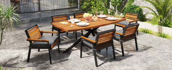 English Elm Modern Acacia Wood 7 Piece Dining Set Iron Frame Removable Cushions Patio Ready Gray N704G201259E