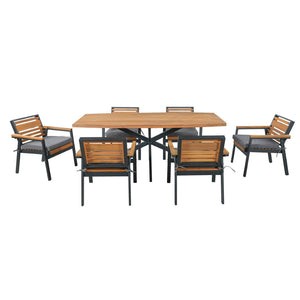 English Elm Modern Acacia Wood 7 Piece Dining Set Iron Frame Removable Cushions Patio Ready Gray N704G201259E