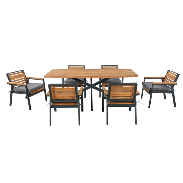 English Elm Modern Acacia Wood 7 Piece Dining Set Iron Frame Removable Cushions Patio Ready Gray N704G201259E