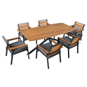 English Elm Modern Acacia Wood 7 Piece Dining Set Iron Frame Removable Cushions Patio Ready Gray N704G201259E