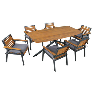 English Elm Modern Acacia Wood 7 Piece Dining Set Iron Frame Removable Cushions Patio Ready Gray N704G201259E