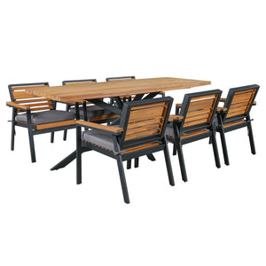 English Elm Modern Acacia Wood 7 Piece Dining Set Iron Frame Removable Cushions Patio Ready Gray N704G201259E