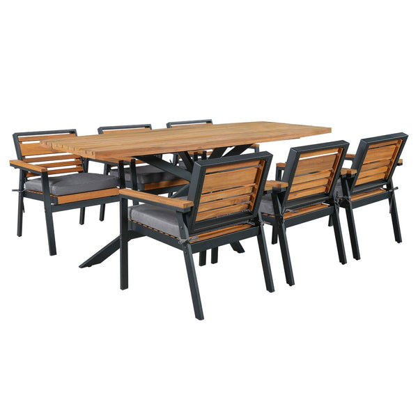 English Elm Modern Acacia Wood 7 Piece Dining Set Iron Frame Removable Cushions Patio Ready Gray N704G201259E