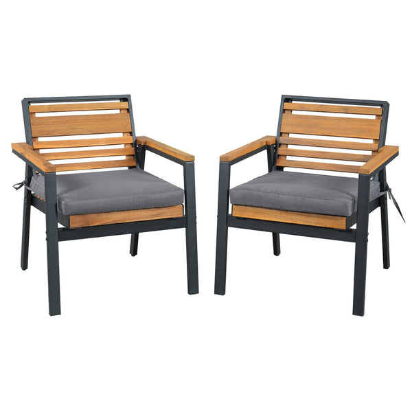 English Elm Modern Acacia Wood 7 Piece Dining Set Iron Frame Removable Cushions Patio Ready Gray N704G201259E