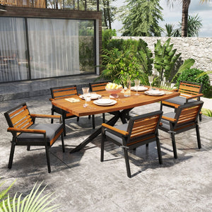 English Elm Modern Acacia Wood 7 Piece Dining Set Iron Frame Removable Cushions Patio Ready Gray N704G201259E