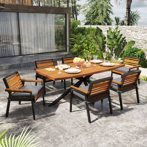 English Elm Modern Acacia Wood 7 Piece Dining Set Iron Frame Removable Cushions Patio Ready Gray N704G201259E