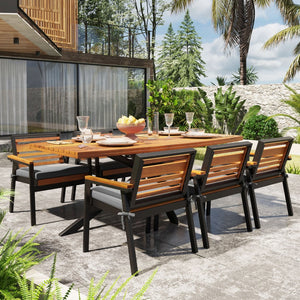 English Elm Modern Acacia Wood 7 Piece Dining Set Iron Frame Removable Cushions Patio Ready Gray N704G201259E