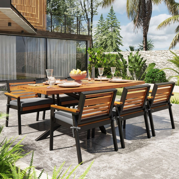 English Elm Modern Acacia Wood 7 Piece Dining Set Iron Frame Removable Cushions Patio Ready Gray N704G201259E