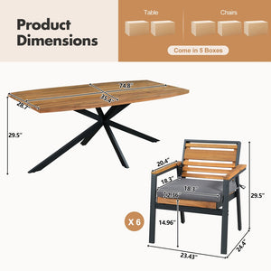 English Elm Modern Acacia Wood 7 Piece Dining Set Iron Frame Removable Cushions Patio Ready Gray N704G201259E
