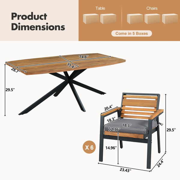 English Elm Modern Acacia Wood 7 Piece Dining Set Iron Frame Removable Cushions Patio Ready Gray N704G201259E
