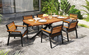 English Elm Modern Acacia Wood 7 Piece Dining Set Iron Frame Removable Cushions Patio Ready Gray N704G201259E