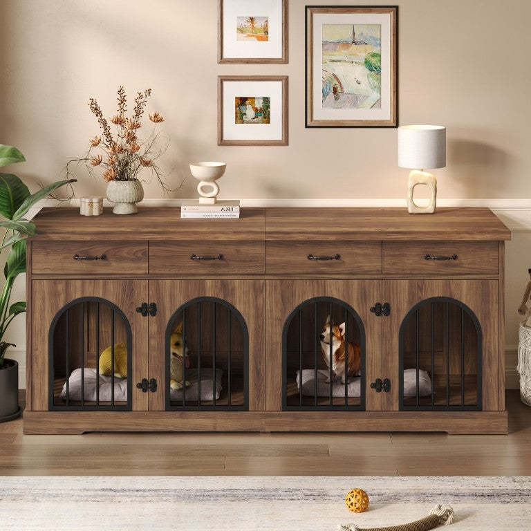 English Elm 70.8 Inch Double Bay Dog Crate Console with Iron Bar Doors and Four Storage Drawers N704G201616D