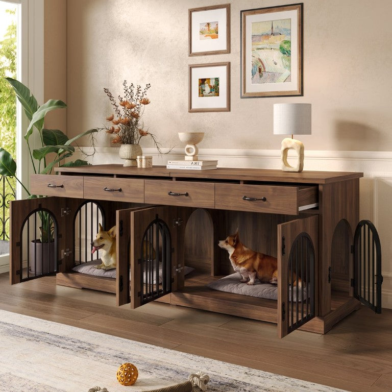 English Elm 70.8 Inch Double Bay Dog Crate Console with Iron Bar Doors and Four Storage Drawers N704G201616D