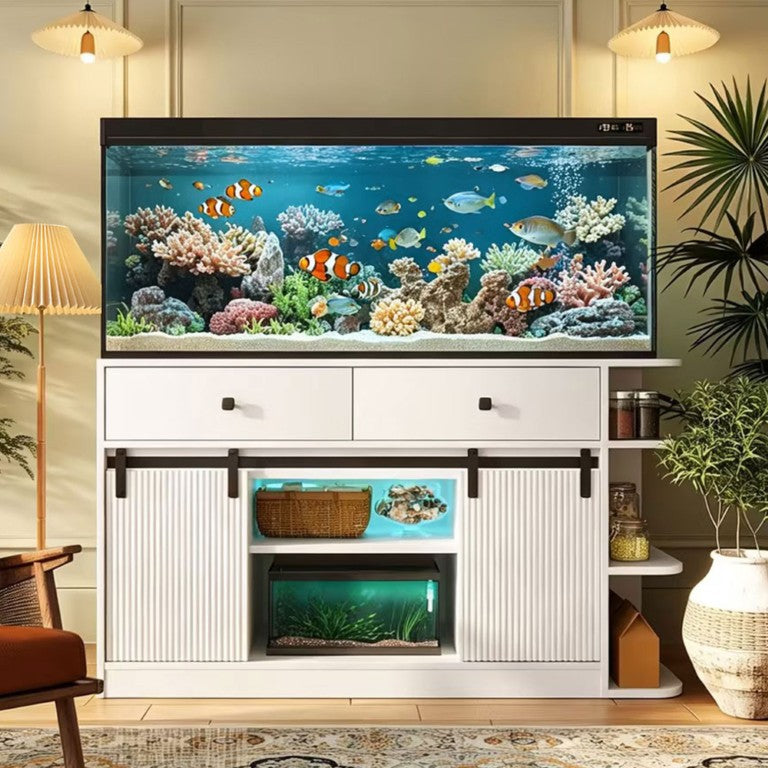 English Elm 75 Gallon Aquarium Stand with RGB LED Lighting Power Outlets and Fluted Sliding Doors N704G201621K