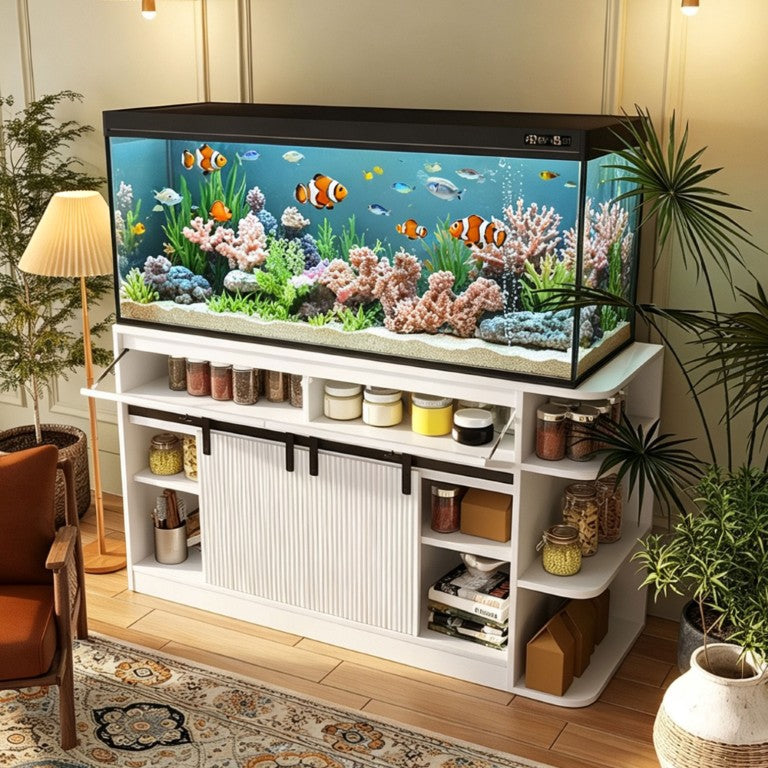 English Elm 75 Gallon Aquarium Stand with RGB LED Lighting Power Outlets and Fluted Sliding Doors N704G201621K