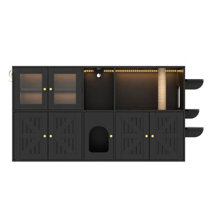 English Elm 73.23 Farmhouse Cat Litter Enclosure Cabinet with LED Lights and Sisal Scratching Post Black 73.23 L x 18.3 W x 35.4 H N704G201622B
