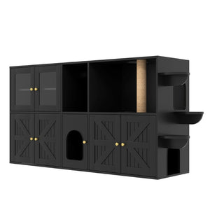 English Elm 73.23 Farmhouse Cat Litter Enclosure Cabinet with LED Lights and Sisal Scratching Post Black 73.23 L x 18.3 W x 35.4 H N704G201622B