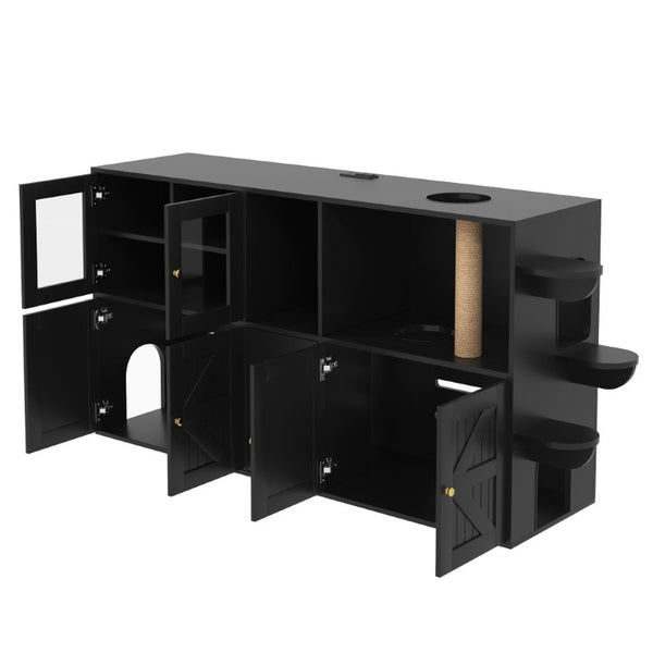 English Elm 73.23 Farmhouse Cat Litter Enclosure Cabinet with LED Lights and Sisal Scratching Post Black 73.23 L x 18.3 W x 35.4 H N704G201622B