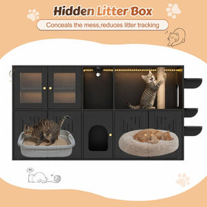 English Elm 73.23 Farmhouse Cat Litter Enclosure Cabinet with LED Lights and Sisal Scratching Post Black 73.23 L x 18.3 W x 35.4 H N704G201622B