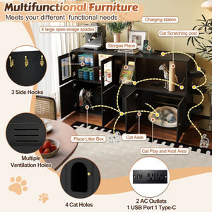 English Elm 73.23 Farmhouse Cat Litter Enclosure Cabinet with LED Lights and Sisal Scratching Post Black 73.23 L x 18.3 W x 35.4 H N704G201622B