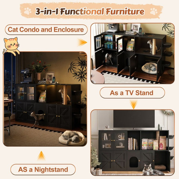 English Elm 73.23 Farmhouse Cat Litter Enclosure Cabinet with LED Lights and Sisal Scratching Post Black 73.23 L x 18.3 W x 35.4 H N704G201622B