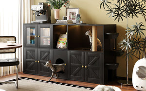 English Elm 73.23 Farmhouse Cat Litter Enclosure Cabinet with LED Lights and Sisal Scratching Post Black 73.23 L x 18.3 W x 35.4 H N704G201622B