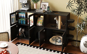 English Elm 73.23 Farmhouse Cat Litter Enclosure Cabinet with LED Lights and Sisal Scratching Post Black 73.23 L x 18.3 W x 35.4 H N704G201622B
