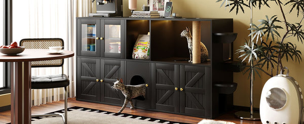 English Elm 73.23 Farmhouse Cat Litter Enclosure Cabinet with LED Lights and Sisal Scratching Post Black 73.23 L x 18.3 W x 35.4 H N704G201622B