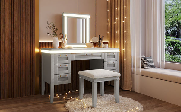 English Elm 48" Vanity Desk with Led Mirror Bamboo Drawer Panels Cushioned Stool Rubberwood Legs Grayish Blue N704G202310E