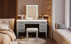 English Elm 48" Vanity Desk with Led Mirror Bamboo Drawer Panels Cushioned Stool Rubberwood Legs Grayish Blue N704G202310E