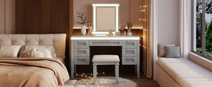 English Elm 48" Vanity Desk with Led Mirror Bamboo Drawer Panels Cushioned Stool Rubberwood Legs Grayish Blue N704G202310E