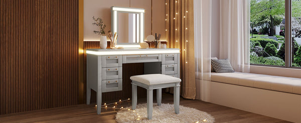 English Elm 48" Vanity Desk with Led Mirror Bamboo Drawer Panels Cushioned Stool Rubberwood Legs Grayish Blue N704G202310E