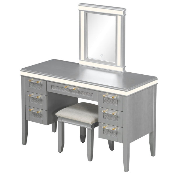 English Elm 48" Vanity Desk with Led Mirror Bamboo Drawer Panels Cushioned Stool Rubberwood Legs Grayish Blue N704G202310E
